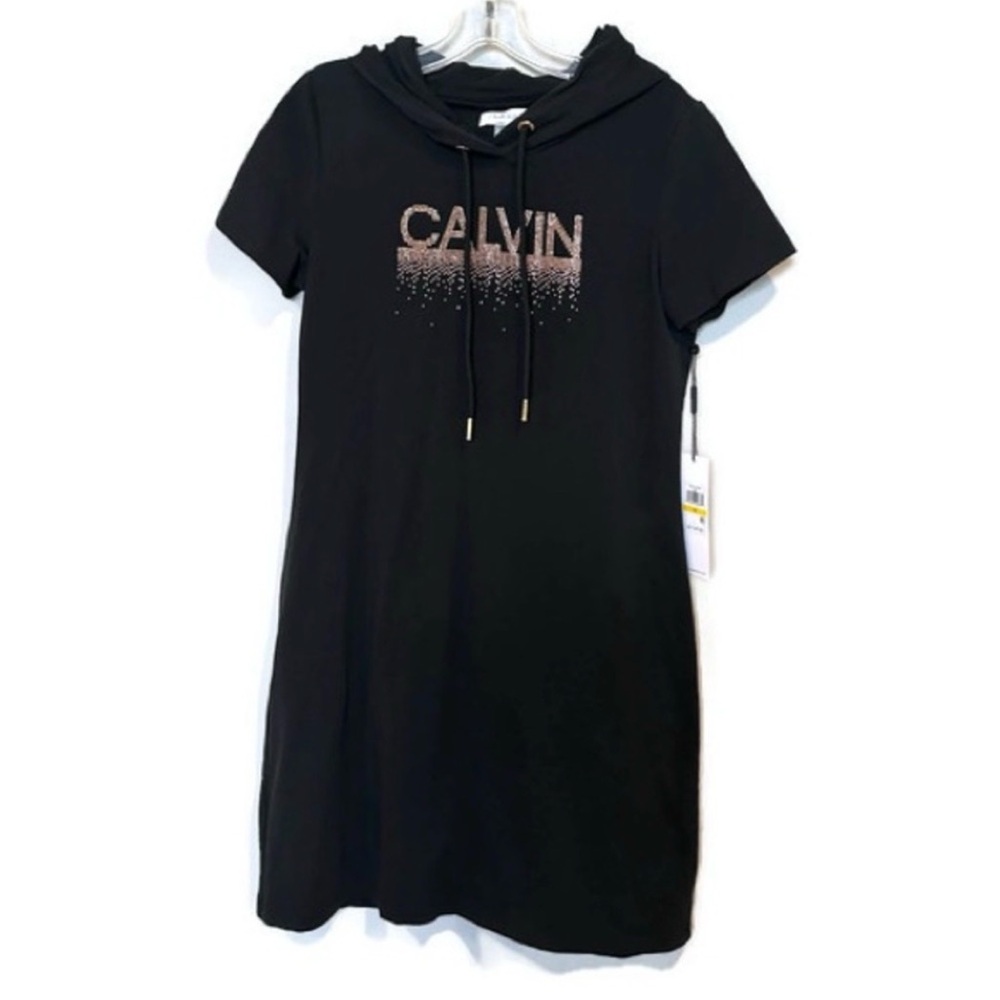 Calvin Klein Black Short-Sleeve Hoodie Dress with Logo